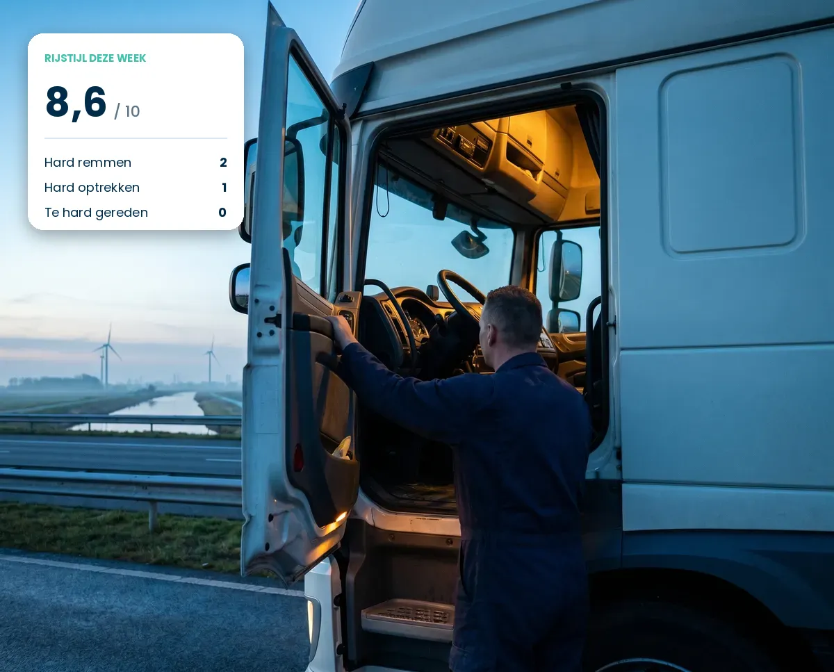 Vrachtwagenchauffeur stapt in zijn cabine, met zijn rijstijlscore van de week